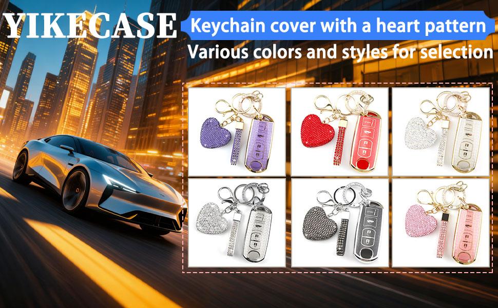 Key Fob Cover with Diamond Keychain for Women, Car Key Holder Compatible with Mazda 3 6 8 Miata MX5 CX3 CX4 CX5 CX7 CX9 Smart Remote Key Protector, 4 Buttons (Red-Heart)