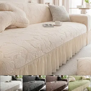 1 PC Elegant Flower Texture Polar Fleece Skirted Sofa Cover Skirted Couch Slipcover Living Room Decoration Fashionable Home Decoration Non Slip Couch Cover Slip-Resistant Wear-Resistant 1 To 4 Seater Sofa Suitable Pet Friendly Machine Washable