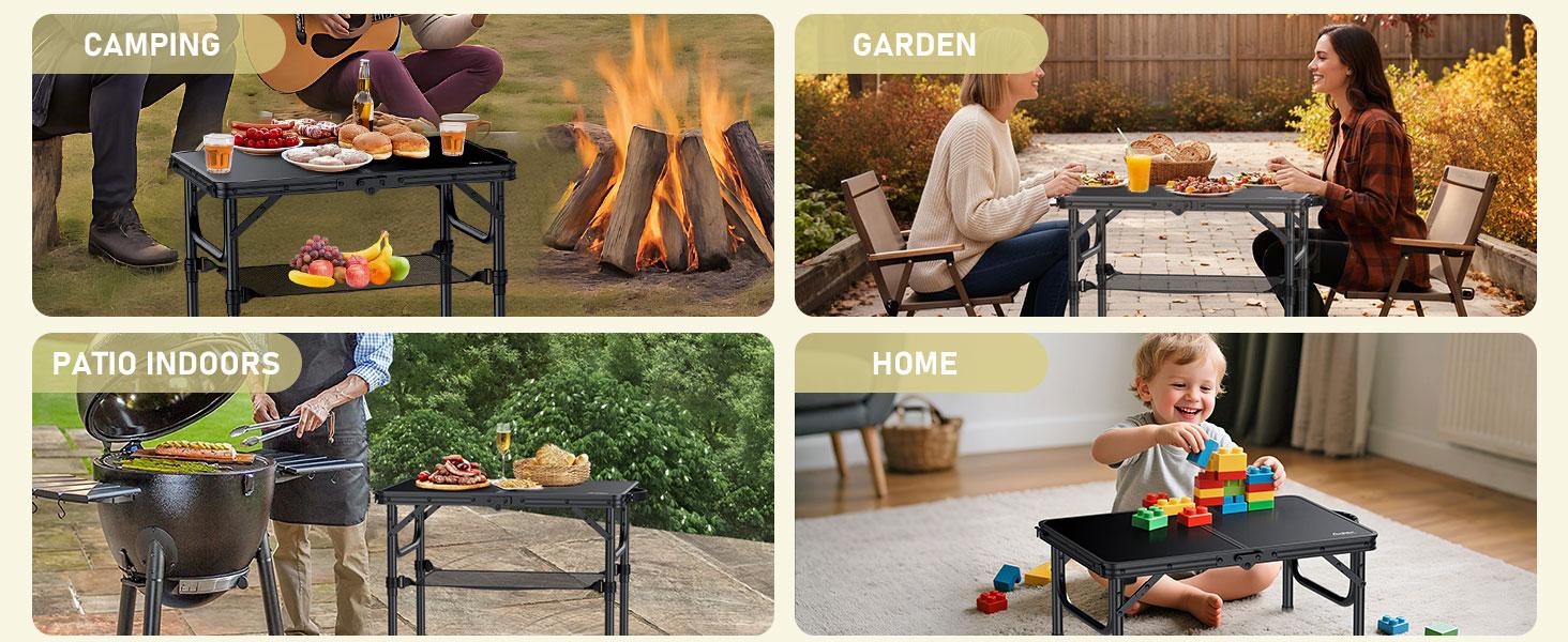 Anbte 2ft Folding Camping Table with Storage Net, 3 Adjustable Heights Small Folding Table Lightweight & Portable with Carry Handle, for Camping, Fishing, Picnic, Beach, Outdoor, 22.8" x 15.7", Black