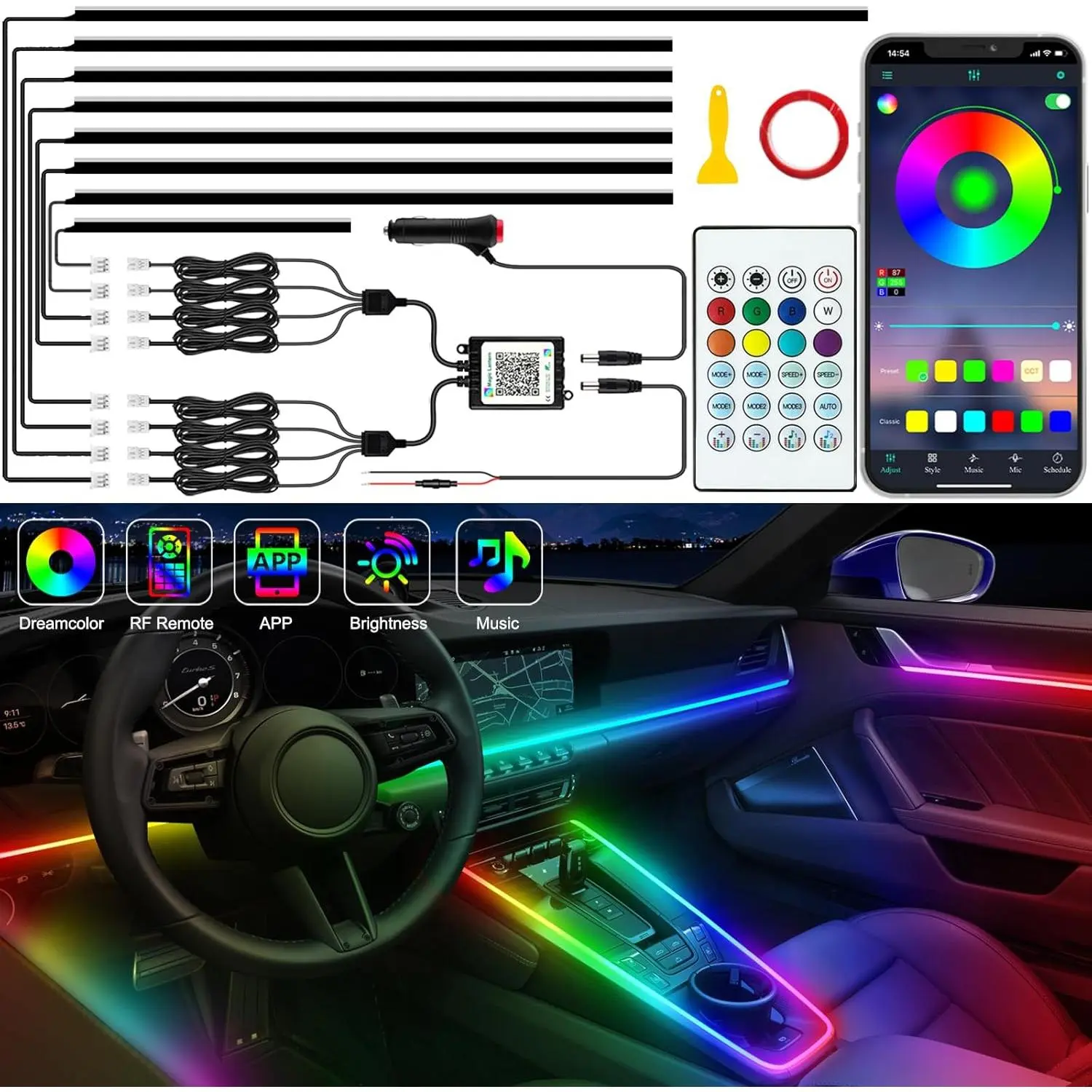 Car Interior LED Strip Lights Kit (8 in 1) - Color Changing Dynamic Dreamcolor Chasing Ambient Lights, Sync with APP & RF Remote Control, Includes 1*Double-Sided Tape, 1*Manual, 1*Positive and Negative, 1*Tool, Family, Passengers