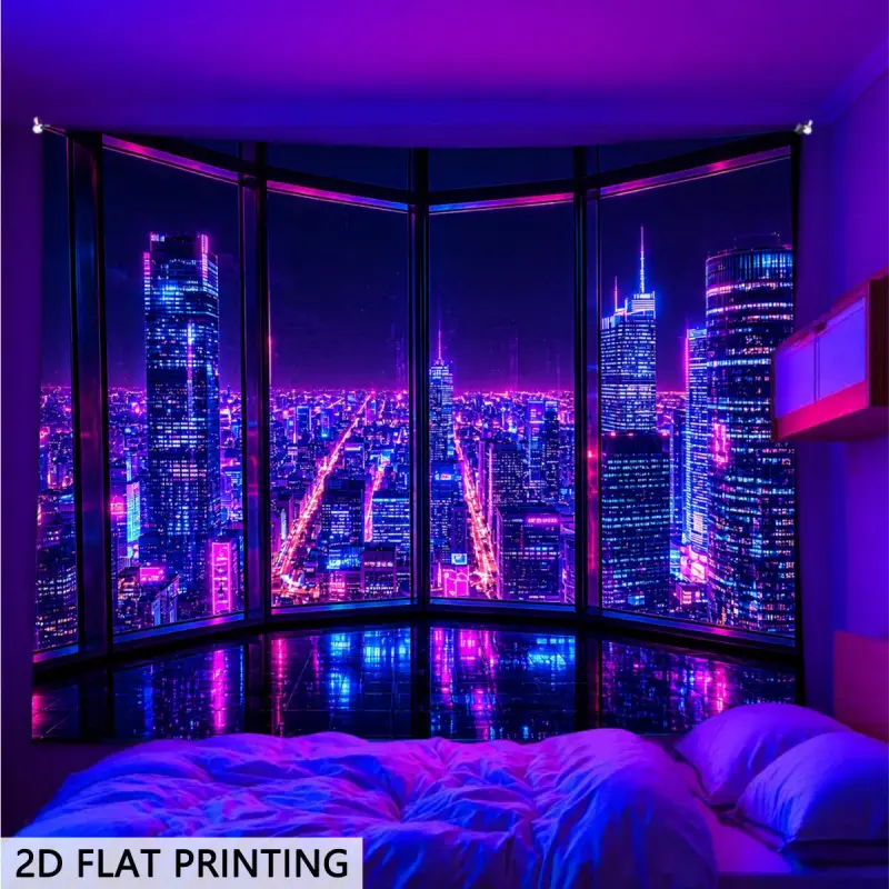 Extra-Large 2D Flat Blacklight Neon Sci-Fi City Glow-in-the-Dark UV Reactive Cotton Tapestry - Custom Print Home Decor Wall Hanging for Bedroom, Dorm, Spooky Skeleton Aesthetic Fan Gift Accessory Decoration
