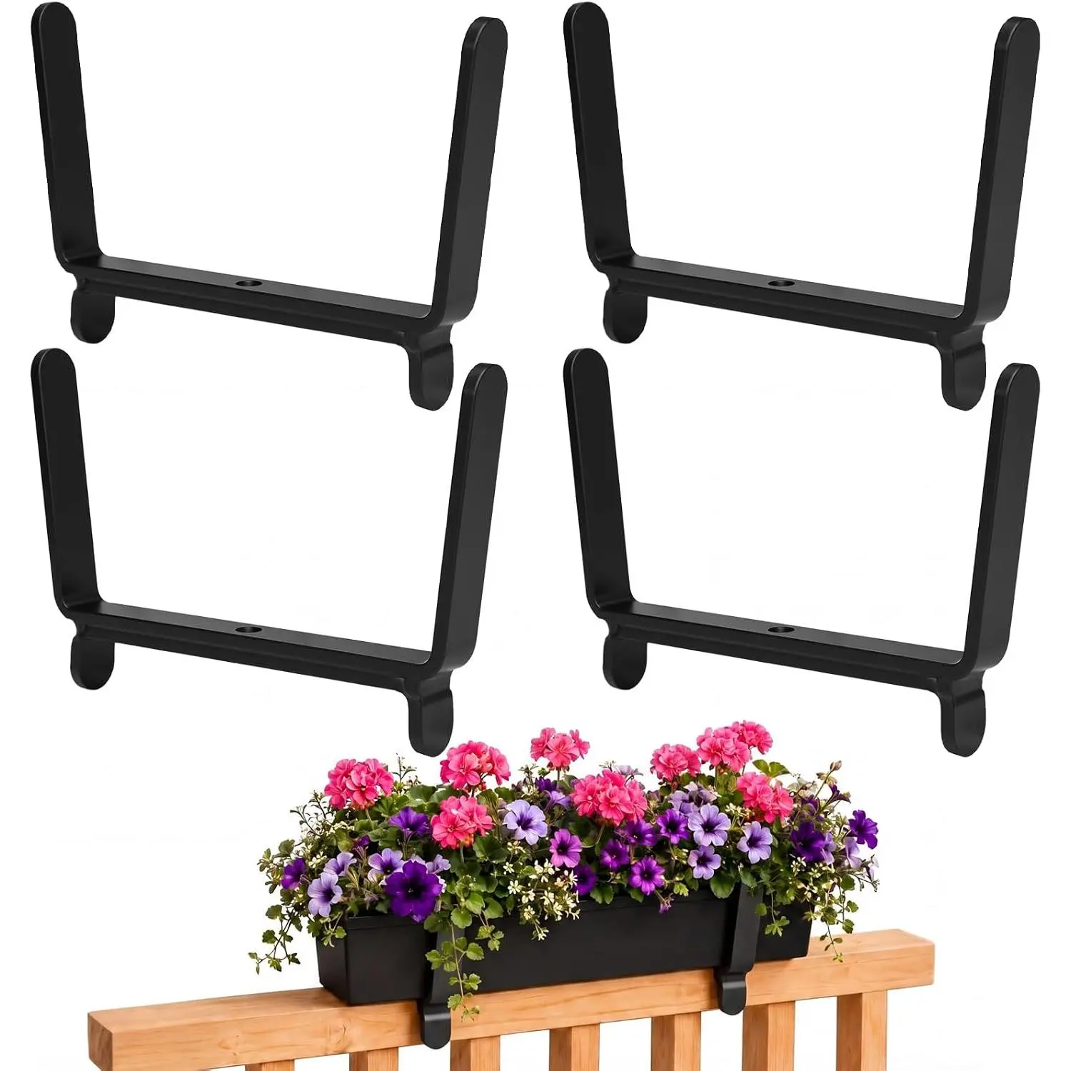 4 Pack Window Flower Box Deck Railing Brackets for 2 x 6 Inch Deck, Heavy Duty Decks Railing Planter Brackets, Flower Baskets Holder for Fence Patio Garden Balcony