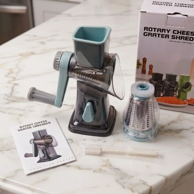 Three-In-One Rotating Cheese Grater, Suction Base, Manual Hand Crank Vegetable Slicer, Stainless Steel Drum, Kitchenware Set
