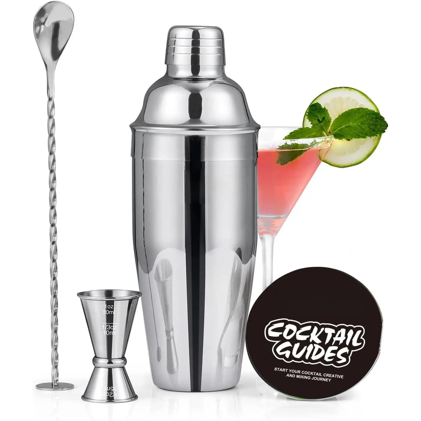 24oz Stainless Steel Classic Cocktail Shaker Set - Includes Bartender Strainer, Measuring Jigger, Bar Mixing Spoon, Cocktail Recipe Guide - Professional Drink Mixer for Beginners, Home Bar Use, Silver