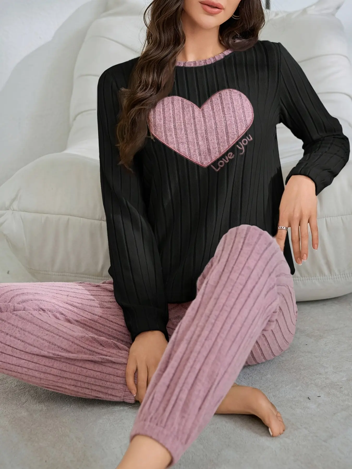 Women's Fall Winter New Sleepwear Set Pjs, 2-Piece Ribbed Knit Heart Embroidery Round Neck Long Sleeve Top + Slim Fit Pants