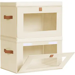 Large Closet Storage Organizer - Clothes Storage Bins with Handles & Window, Collapsible Decorative Boxes with Lids, Fabric Containers for Living Room, Dorm, 2 Pack, Beige