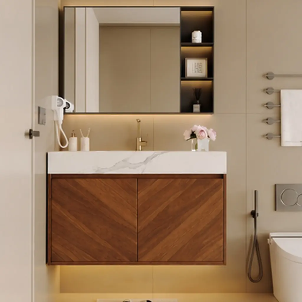 ARCH 30" Wall-Mounted Bathroom Vanity Cabinet with Ceramic Sink, Brown Oak Finish, Soft-Close Doors, Sintered Stone Countertop, Modern Floating Storage for Small Bathroom, Powder Room, Apartment, 29.9"L x 18.1"W x 19.7"H, Walnut/White Color Options