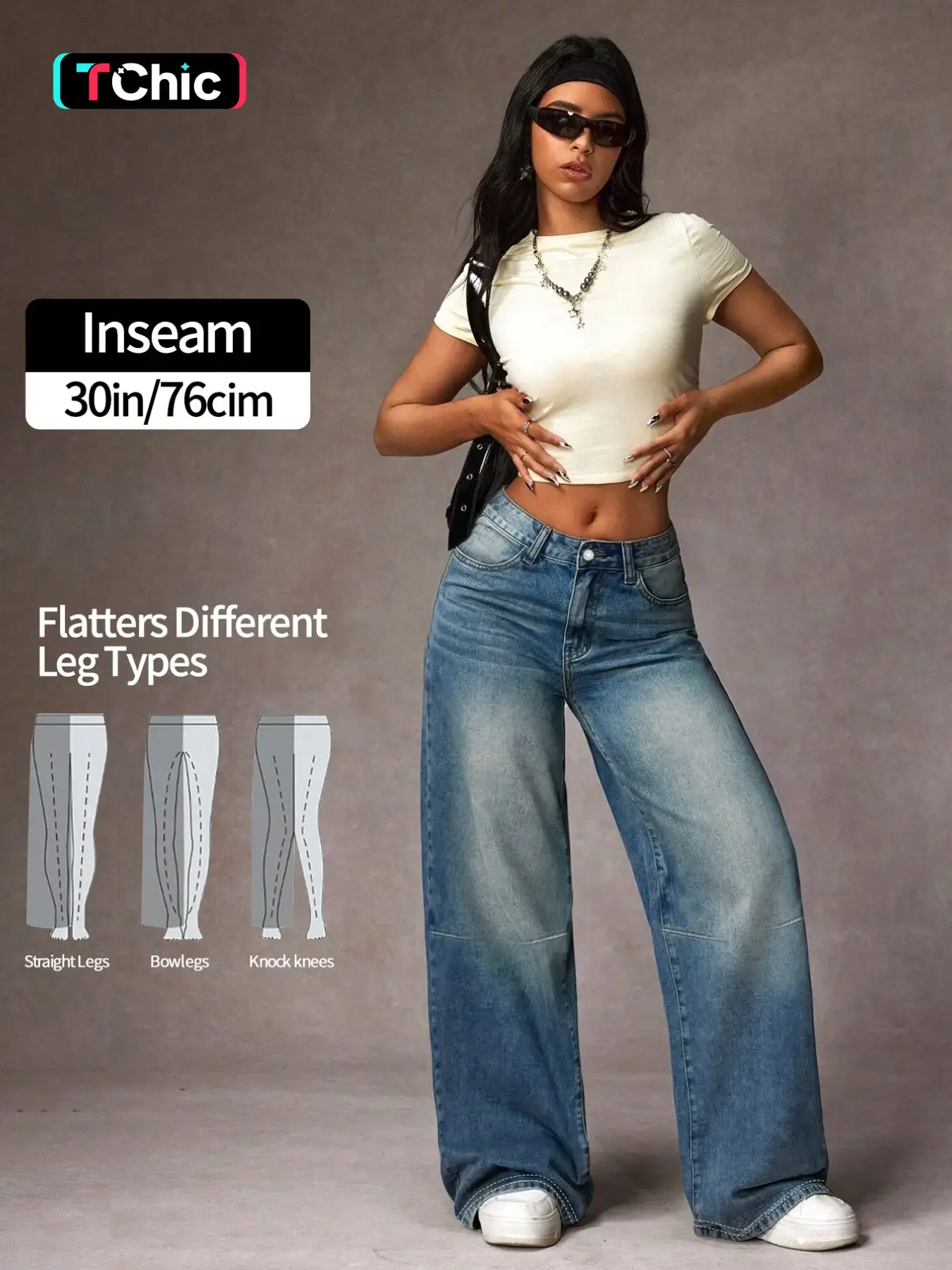 Women Mid Rise Wide Leg Jeans, Vintage Washed Baggy Loose Denim Jeans, Y2K Streetwear, Floor Length Trousers with Pockets