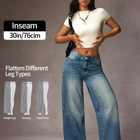 Women Mid Rise Wide Leg Jeans, Vintage Washed Baggy Loose Denim Jeans, Y2K Streetwear, Floor Length Trousers with Pockets, Everyday