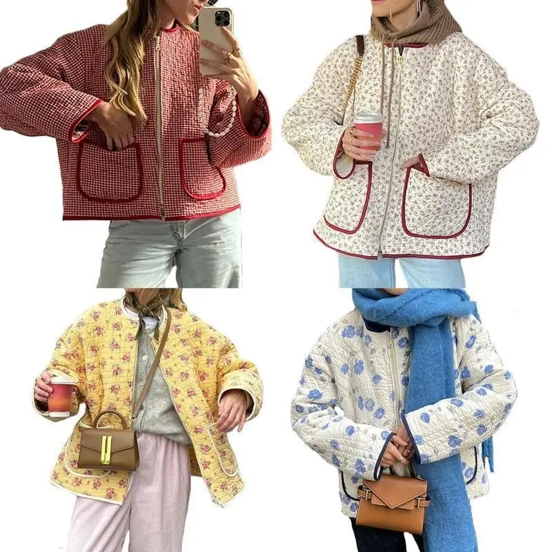 Women Autumn Aesthetic Floral Print Stand Collar Color Pocket Quilted Padded Jackets Coat Female Warm Outwear Chic Tops