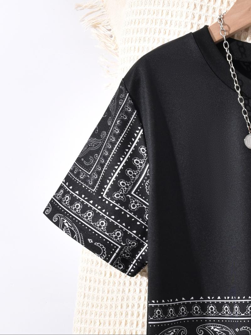 Two-piece Set Boy's Patchwork Print Short Sleeve Top & Shorts, Casual Fashion Round Neck Top & Shorts for Daily Wear, Kids Summer Clothes Two-piece Set Boy's Patchwork Print Short Sleeve Top & Shorts, Casual Fashion Round Neck Top & Shorts for Daily Wear, Kids Summer Clothes