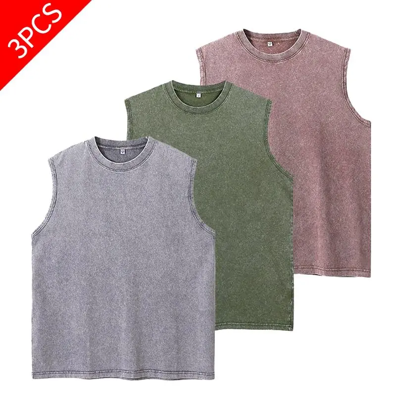 1-3PCS Heavy-duty, acid-washed, distressed men's tank top—featuring American street style, a drop-shoulder solid-color design, and a vintage sleeveless look; suitable for workouts and fitness-CK