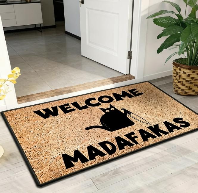 Sarcastic "Welcome Madafakas" Black Cat with Knife Diatomaceous Earth Doormat. Fast Drying Super Absorbent Diatom Mud Entrance Mat. Non-Slip Floor Rug for Front Door Bathroom Kitchen. Unique Funny Gift for Naughty Cat Lovers.