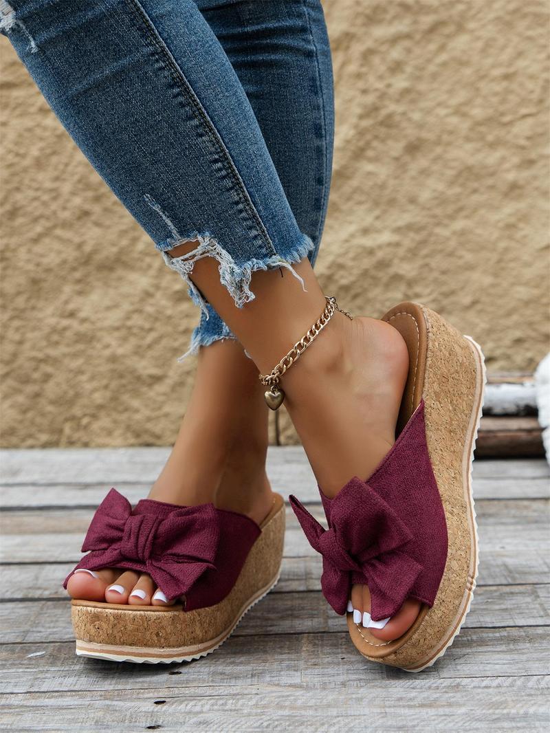 Women's Cute Bowknot Leopard Print Wedge Sandals, Casual Fashion Slip-On Wedges, Summer Trendy Shoes, Beach Daily Wear, Bow Decor Sandals