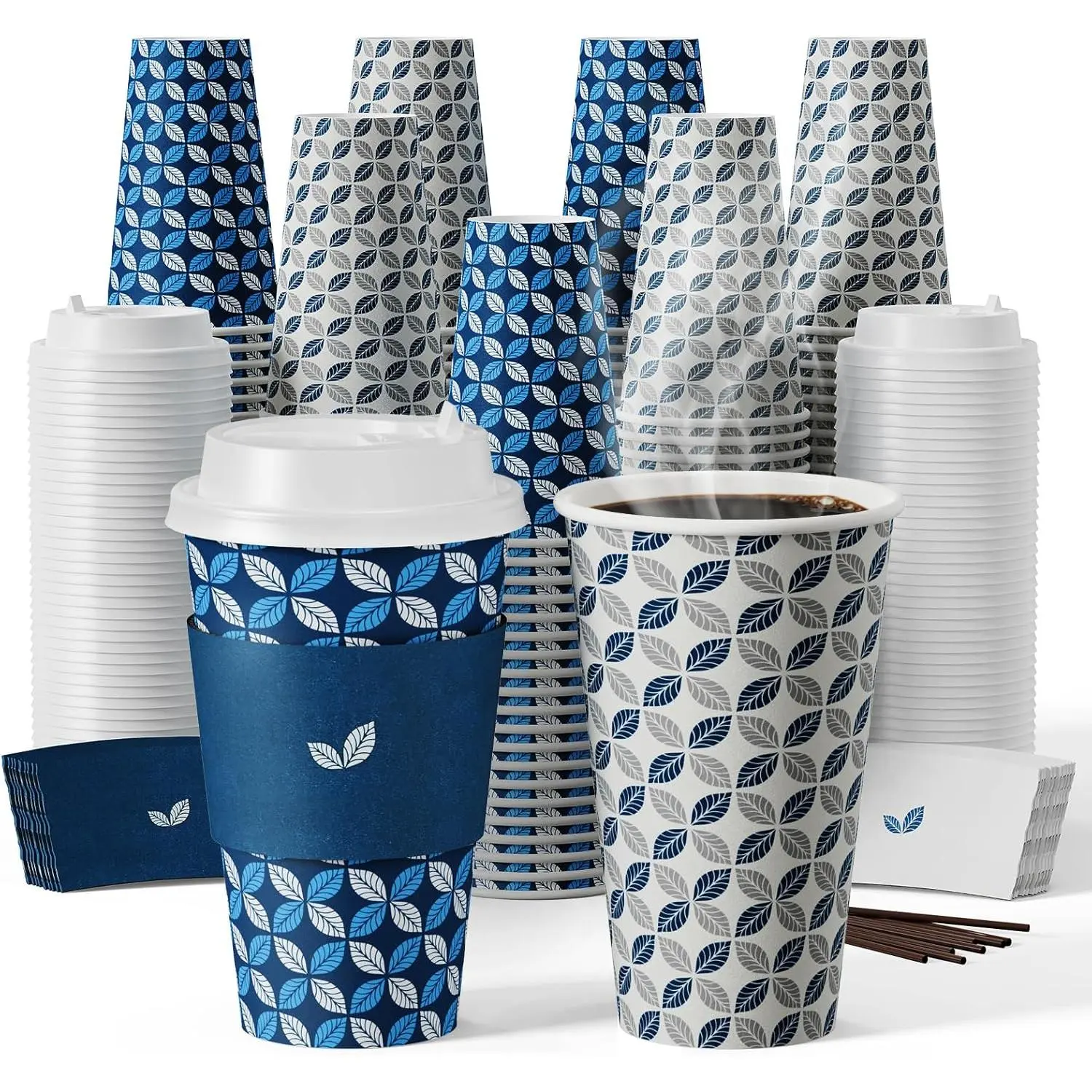 16 oz Coffee Cups with Lids 100 Pack, Disposable Hot Paper Coffee Cups with Lids, Sleeves and Stirrers for Christmas, Thanksgiving, Party