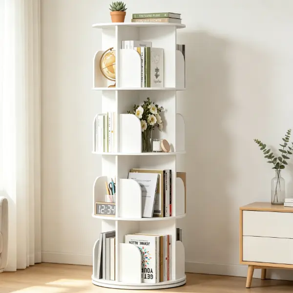 360° Rotating Bookshelf Tower, 4-Tier Vertical Spiral Corner Bookcase, Round Carousel Display Shelf with Adjustable Height, Space-Saving Storage Organizer for Home, Office, Bedroom