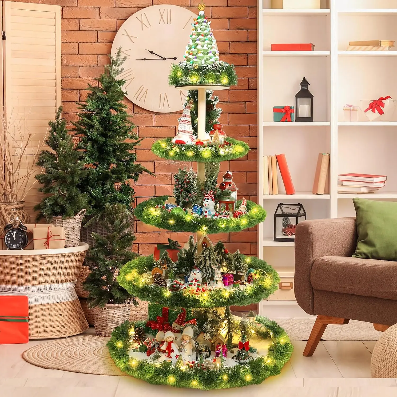 Christmas Tree Village Christmas Bookshelf Display Supplies Ornament Display Tree Stand Wooden Holder for Holiday Display(5 Tier 59 Inches)