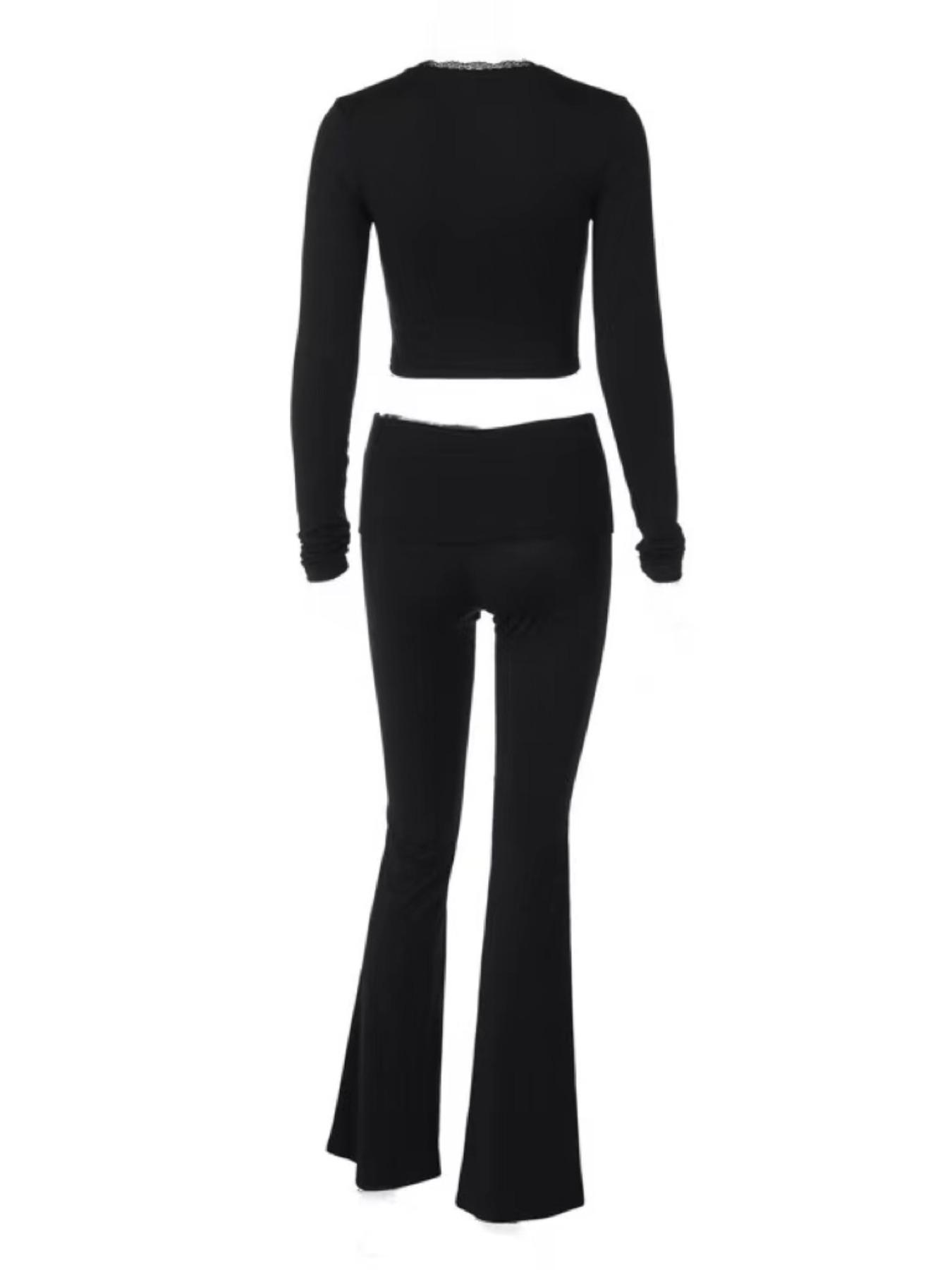 Women's Contrast Lace Crop Tee & Flare Leg Pants Two-Piece Set, Casual Slim V Neck Long Sleeve Top & Bell Bottom Trousers for Daily Wear, Ladies Fall & Winter Clothes