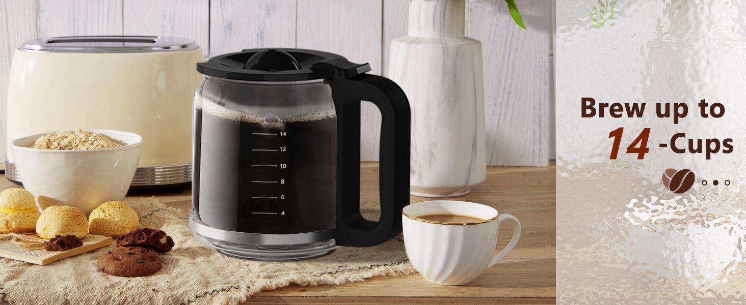 Kismile Coffee Maker, 14-Cup Programmable Drip Coffee Makers Machines with Timer, Reusable Filter & Keep Hot Plate, Auto Pause, Self-Cleaning, Stainless Steel