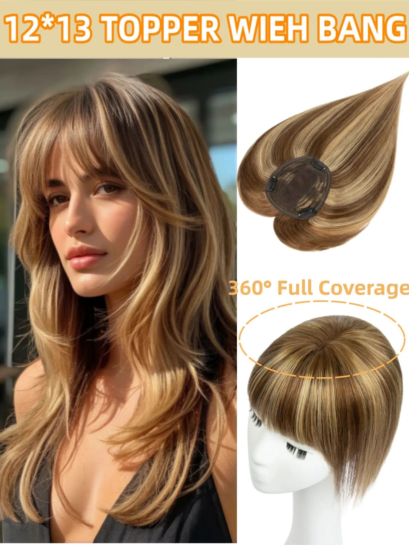 12x13cm Lace Human Hair Topper, Straight Hair with Bangs, Invisible Hair Cover, 360° Full Coverage, Natural Look, Easy to Wear