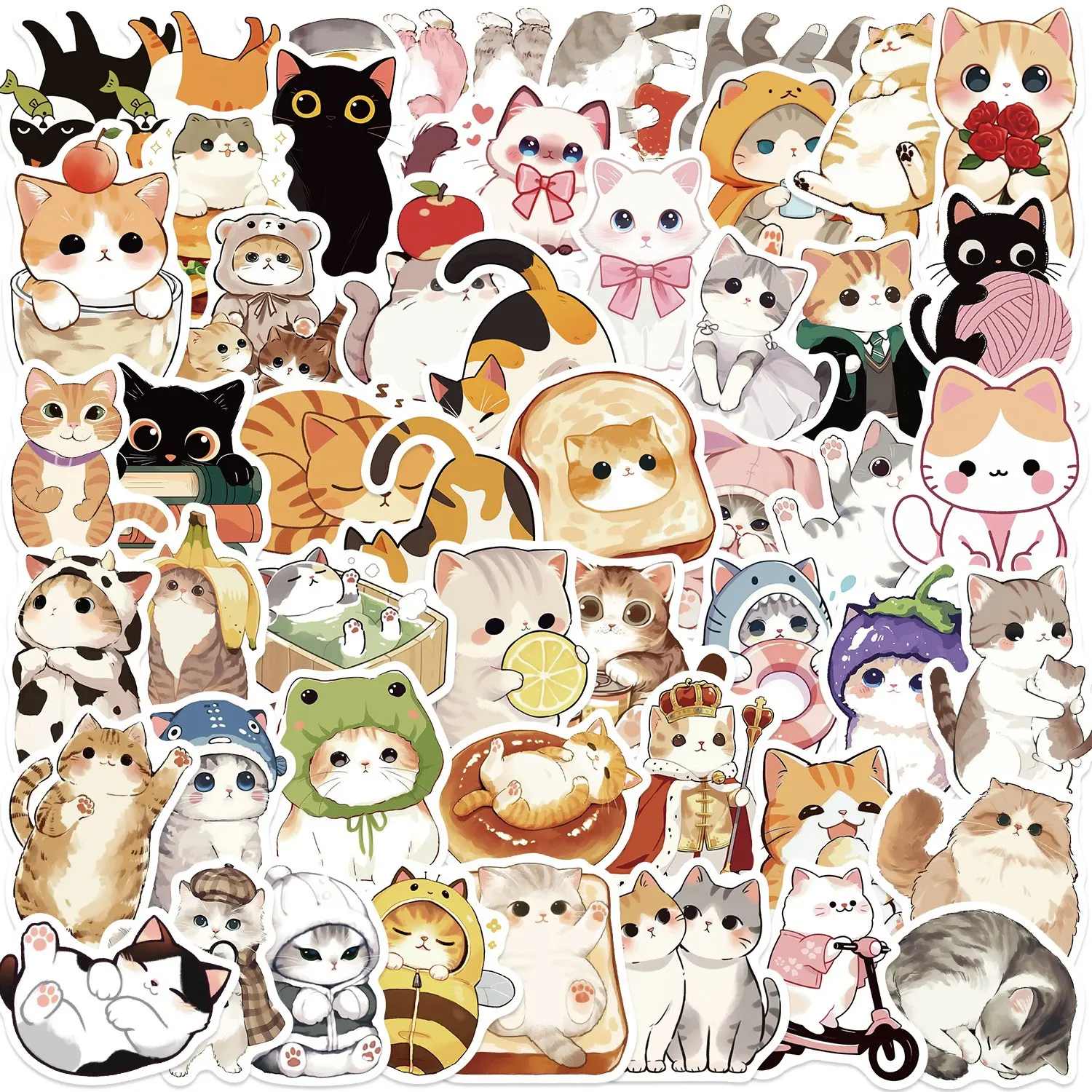 50 Cute Cartoon Cat Stickers, Waterproof DIY Decorations for iPad, Luggage, Notebook, Handmade Journal, Fun & Adorable Design