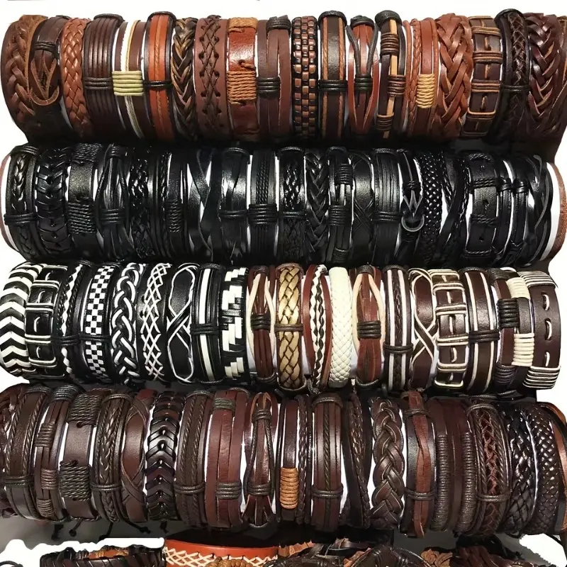 Unisex 10Pcs Woven-Look Faux Leather 2-Braided Bracelets & Bangles Set - Mixed Black Brown Colors, Adjustable, Stylish Creative Design, Festival Wear, Friendship Gifts, Year-Round Use, Two-Braided Bracelets & Bangles