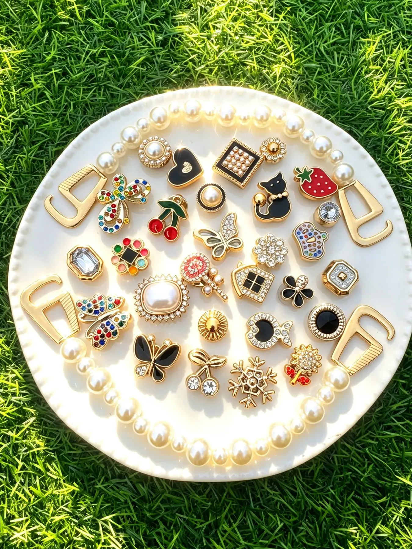 Luxury Rhinestone & Pearl Shoe Charms, Decorative Shoe Accessories, Vintage Gold Clog Accessories with Cat, Butterfly, Heart, Fish & Flower Designs, Bling Shoe Decoration for Women’s Casual Shoes
