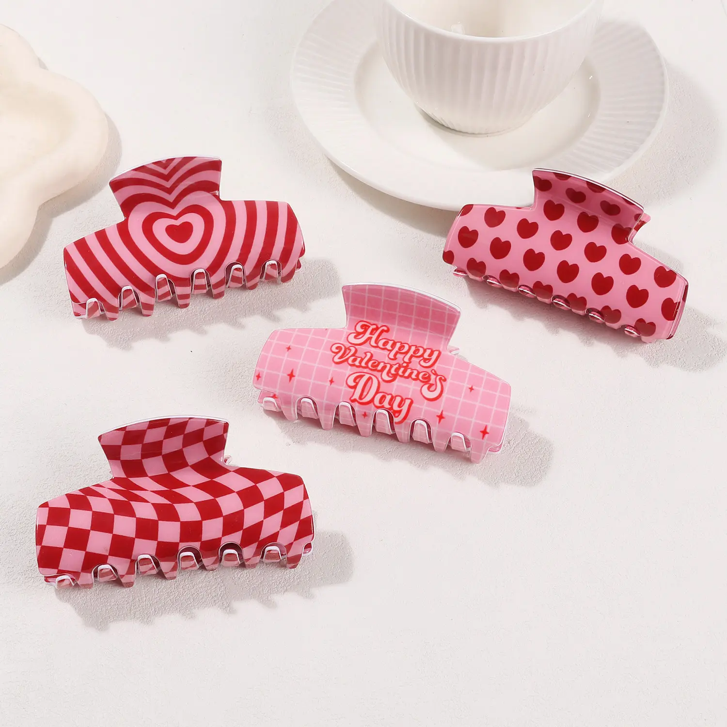 Valentine's Day Hair Claw Clips Set of 4 Red Pink Heart Checkerboard and Stripe Print Strong Hold Acrylic Hair Clips Non Slip Jaw Clips for Thick Hair Women Girls Cute Romantic Hair Accessories for Daily and Holiday Use