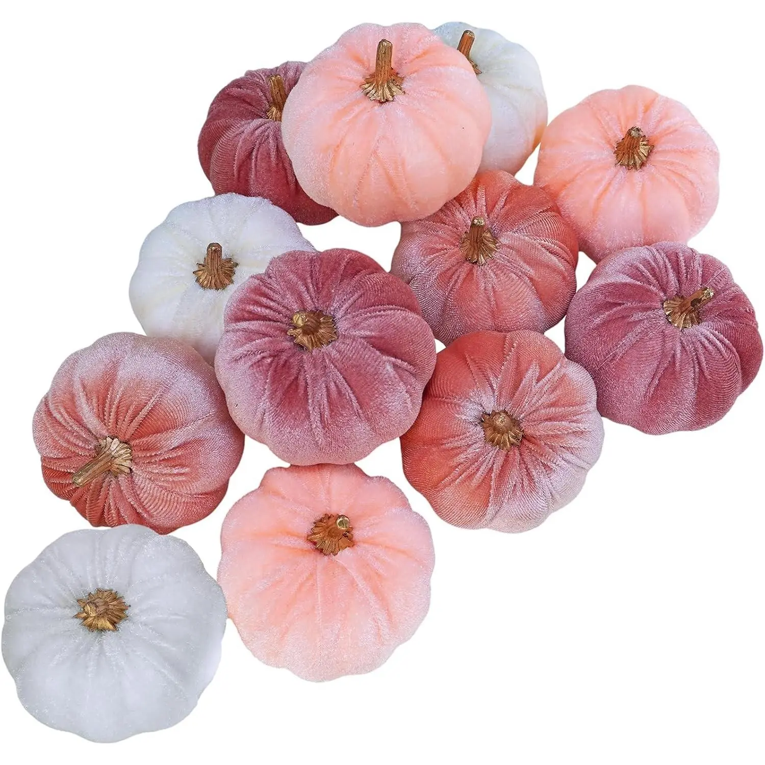 12 Pcs Small Rustic Faux Velvet Pumpkins - Blush Coral Pink Peach Ivory Fabric Foam Pumpkins, 3" Fall Decor for Wedding Baby Shower Thanksgiving Halloween Table CenterpieceGift