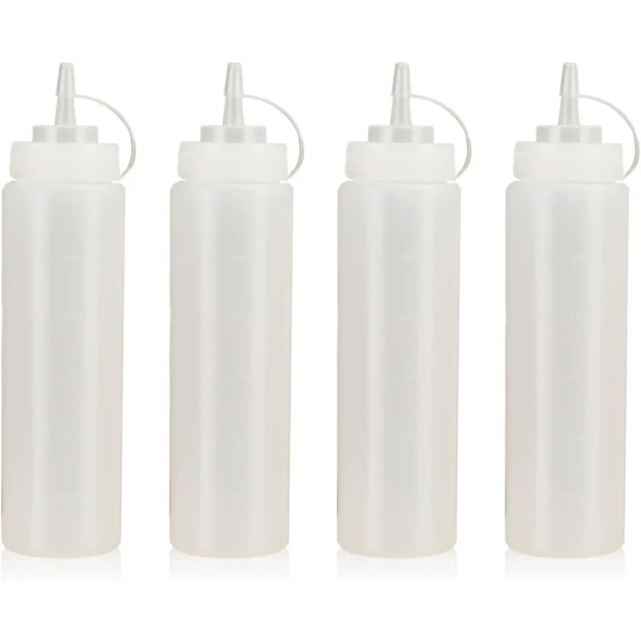 4-Pack White Squeeze Bottles (24oz), BPA-Free Plastic Condiment Dispensers with Wide Mouth, Leak-Proof for Kitchen Sauces, Oil & Baking, with Measurement Markings