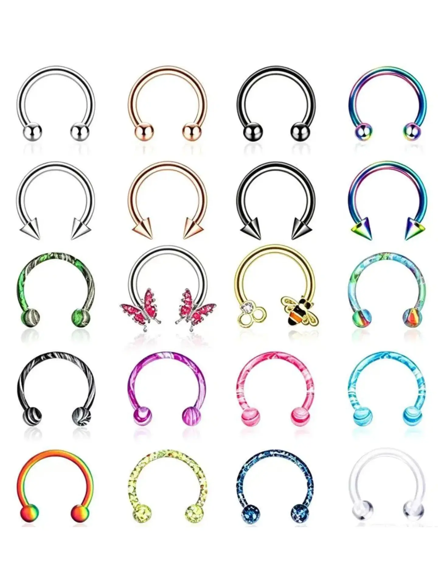 20-Piece Fashion Hoop Earring Set, Stainless Steel Unisex Butterfly C-Ring Piercing Jewelry, High-Quality Body Art Accessories