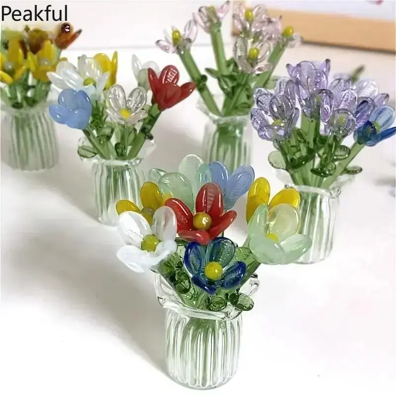 DIY Glass Flower Bouquet Kit with Vase, 7 Handcrafted Mini Glass Flowers for Table Centerpiece, Artificial Flower Arrangement for Weddings, Parties & Home Decor