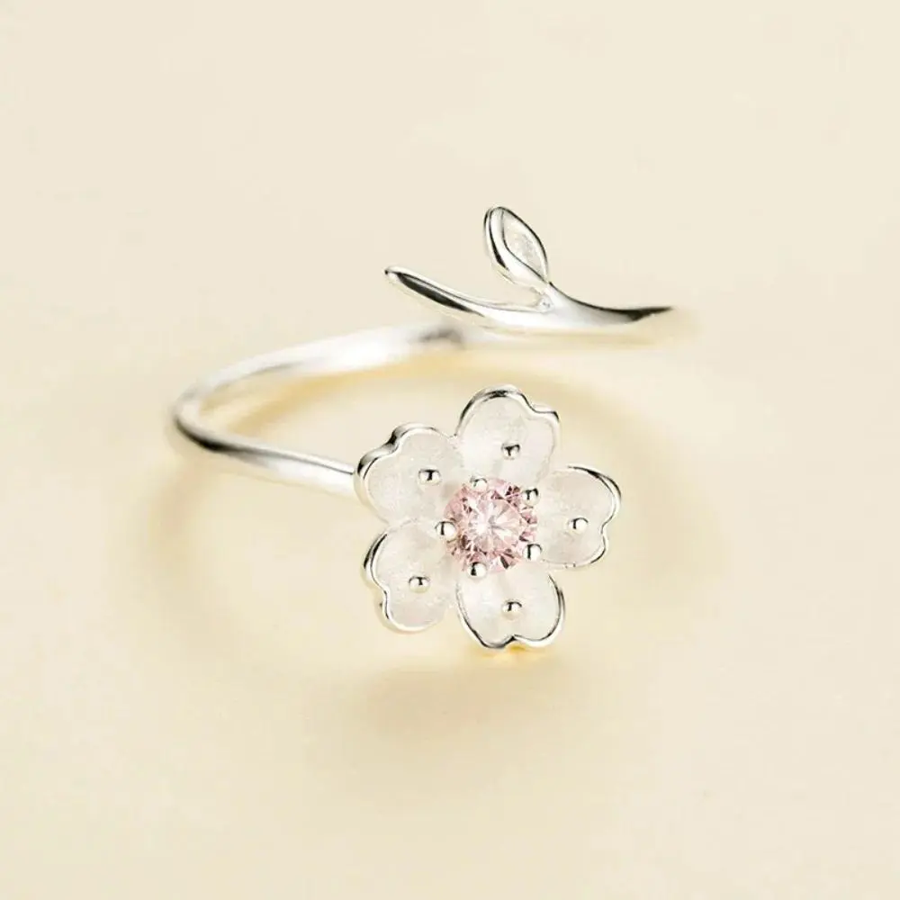 Pink Zircon Cherry Blossom Ring for Women, Adjustable Size Ring