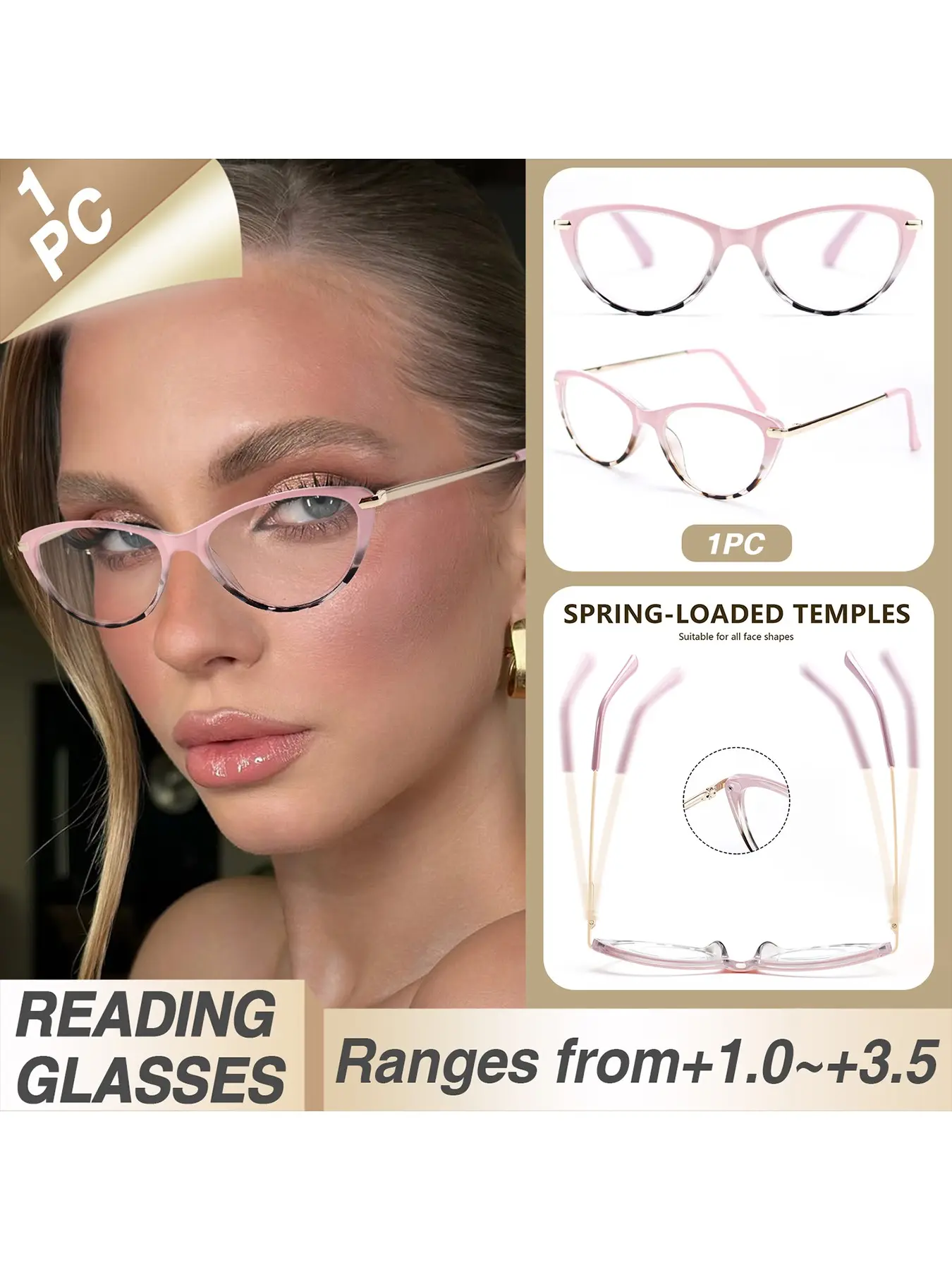 Small Frame Cat Eye Reading Glasses, Spring Temple Fit Face Shape, Versatile Use, Women's Reading Glasses, 1 Pair