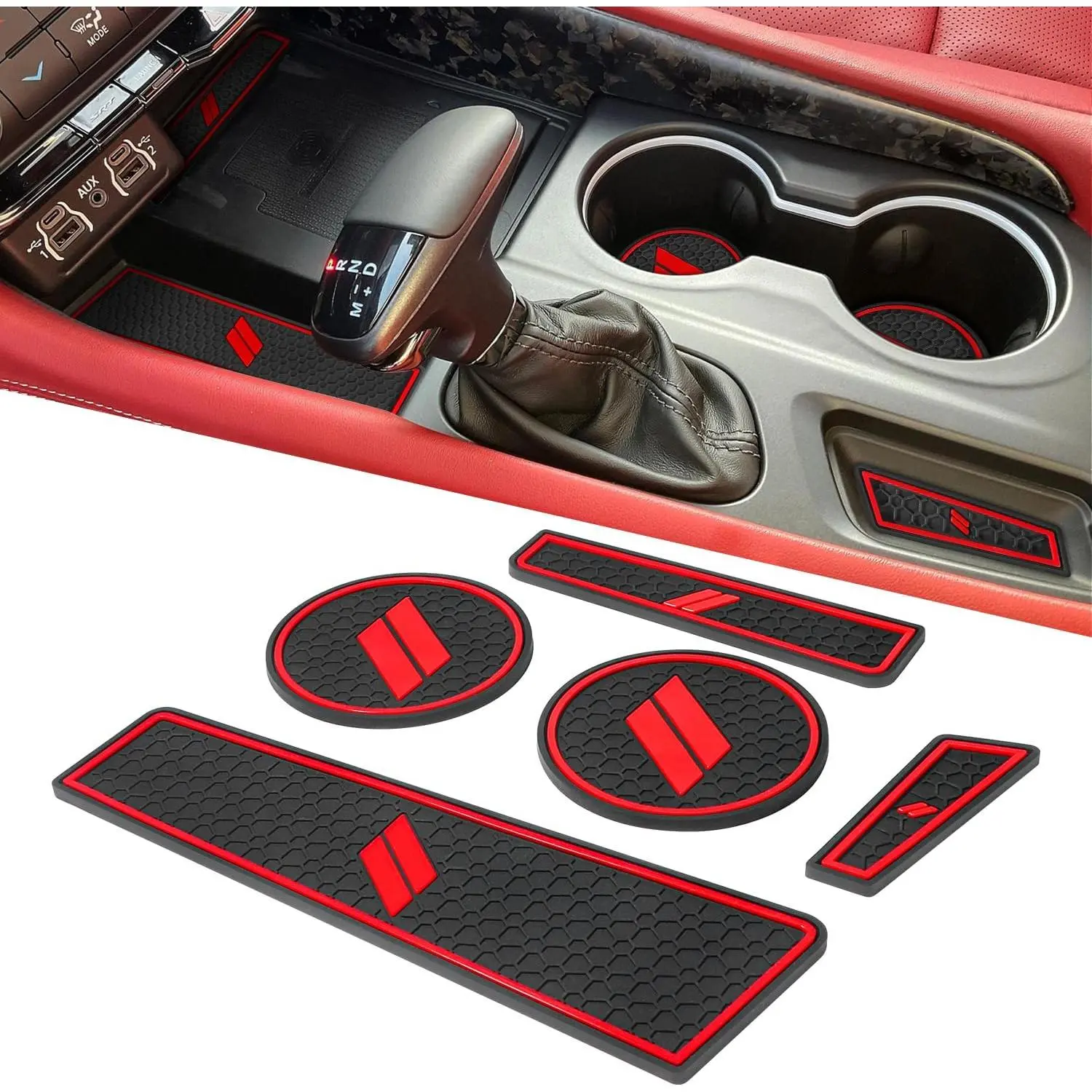 Custom-Fit Silicone Cup Holder Inserts for Dodge Durango 2021-2026, 5 Pieces Set Pack, Qi Charge Fit Spill Guard Center Console Mats Liners, Red Car Interior Anti-Slip Accessories, All-Weather Protection, Silicone Pads