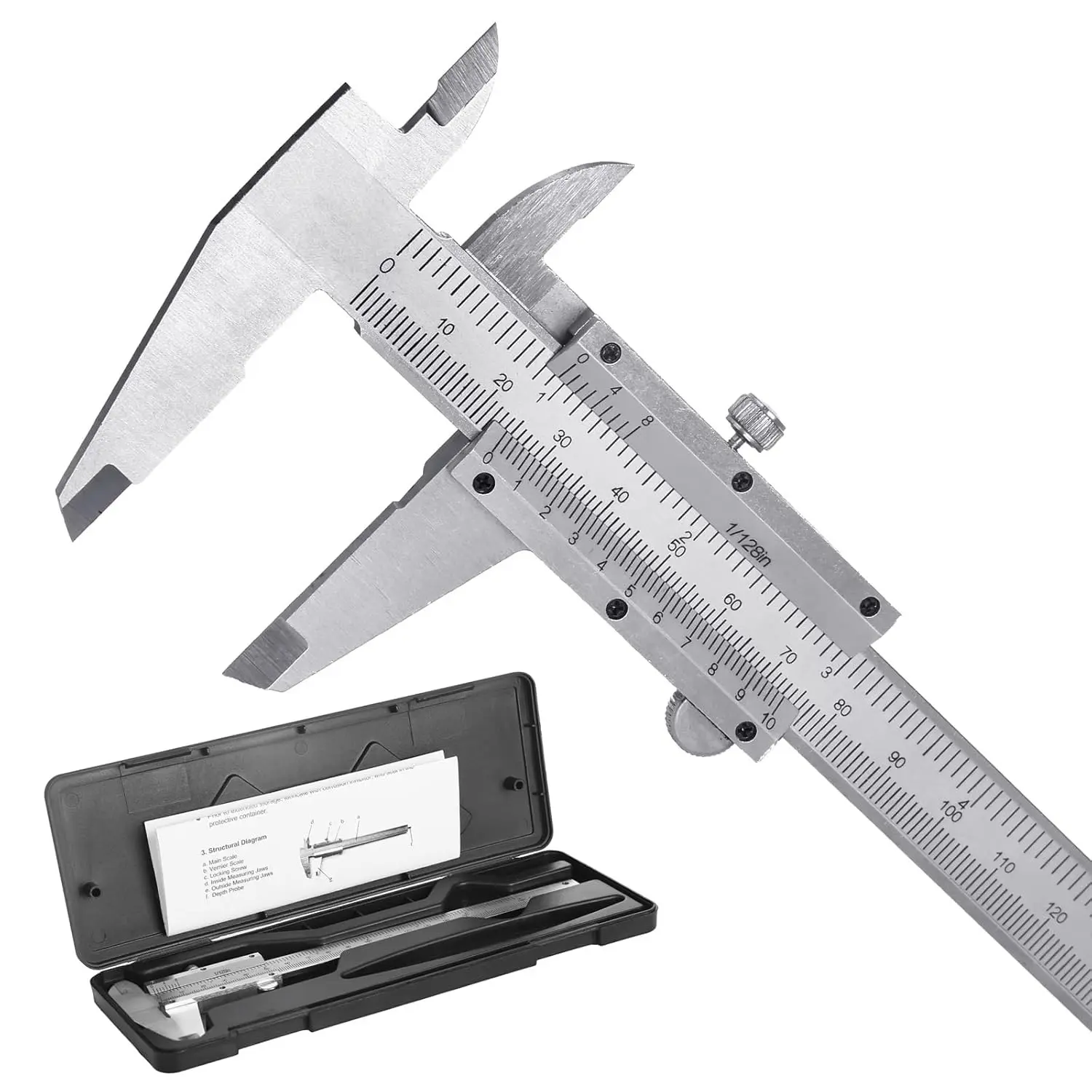 6-Inch/150mm Vernier Caliper Measuring Tool High-Hardness Steel Mechanical Non-Digital Slide with Dual Imperial/Metric Scale 0.02 mm&1/128 Inch