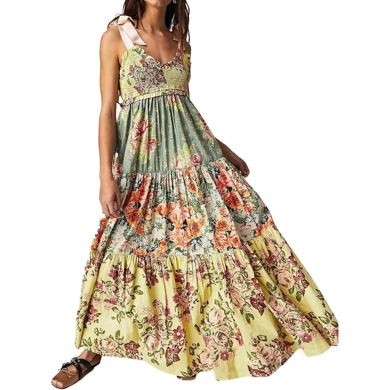 Women Floral Maxi Dress Tie Shoulder Patchwork Smocked Flowy Boho Dress with Pockets Summer Vacation Sundress