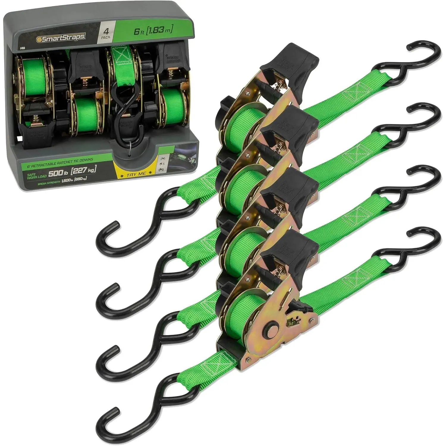Retractable Ratchet Straps (4 PK) - 1500lb Break Strength, 500lb Safe Work Load, Standard Duty for Hauling ATVs, Lawn Tractors, Cargo