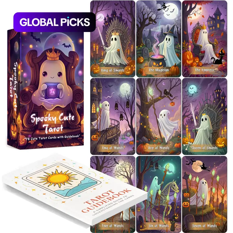 78 Card Spooky Cute Halloween Tarot Deck, 13x8 Cm Size for Beginners, Includes Paper Guide for Divination Game, Tarot Card Decks, Tarot Card Set #GLOBAL PICKS