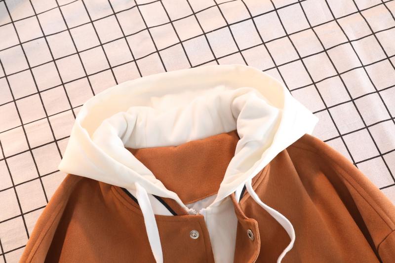 A hooded letter jacket, featuring a casual and simple style. The hooded design is sleek and elegant, while the overall design is practical and versatile. The letter embroidery adds a touch of sophistication, and the striped accent at the cuffs completes t