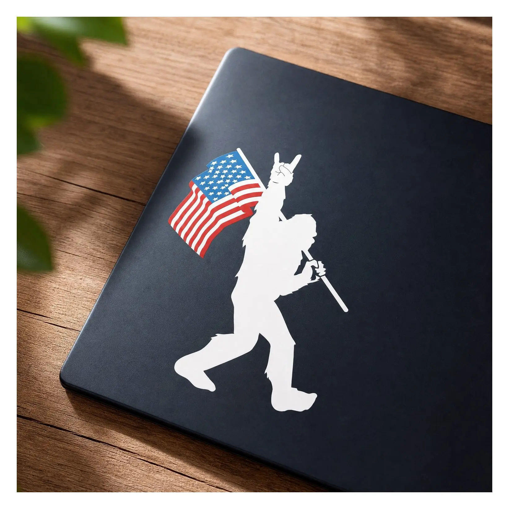 Sasquatch Bigfoot Rock On American Flag Premium Vinyl Decal Sticker 5 Inch for Car, Truck, Van, SUV, Window, Wall, Boat, Cup, Tumbler, Laptop or Any Smooth SurfaceGift