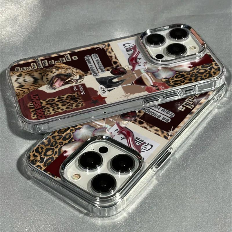Phone Case for iPhone 17 Air Pro Max 16 15 14 13 12 Air Plus Pro Max Series Protective Cover，  Leopard Print Transparent Electroplated Lens Frame