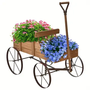 Flower Stand W/4 Metal Wheels, Solid Wood Planting Trolley, Flower Trolley Wooden Trolley W/15 Kg(33lbs) A Load Capacity, Flower Box For Garden, Balcony, Terrace, Brown/ Green/ Red/ Blue/ Gray