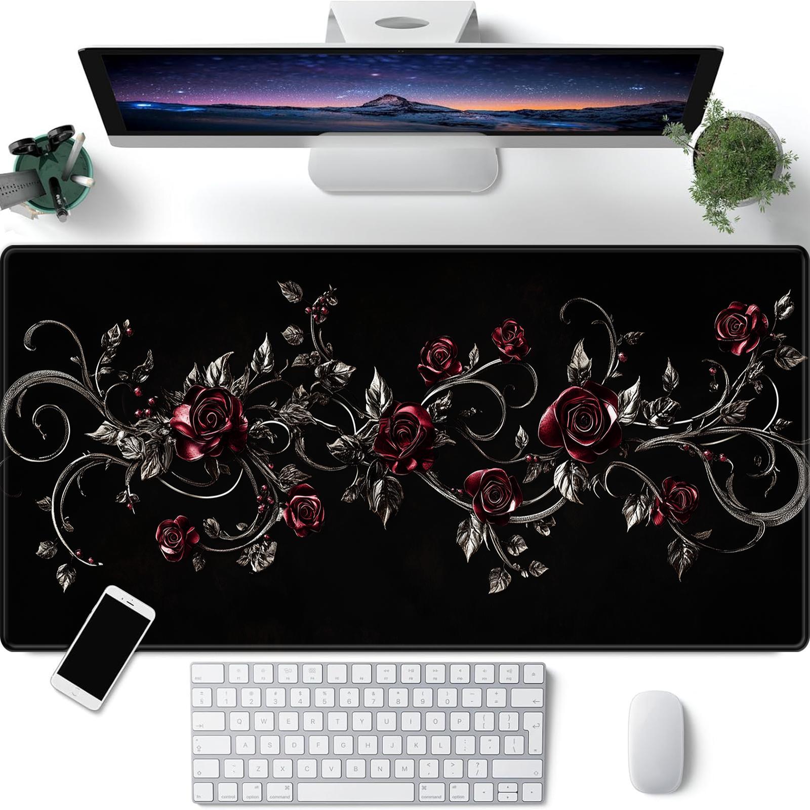 Gothic Rose Pattern Mouse Pad, Rectangle Gaming Mouse Pad, Non-slip Mousepad, Office Desk Keyboard Mouse Mat for Home Office Game Room Desk, Corporate Work Desk Accessories