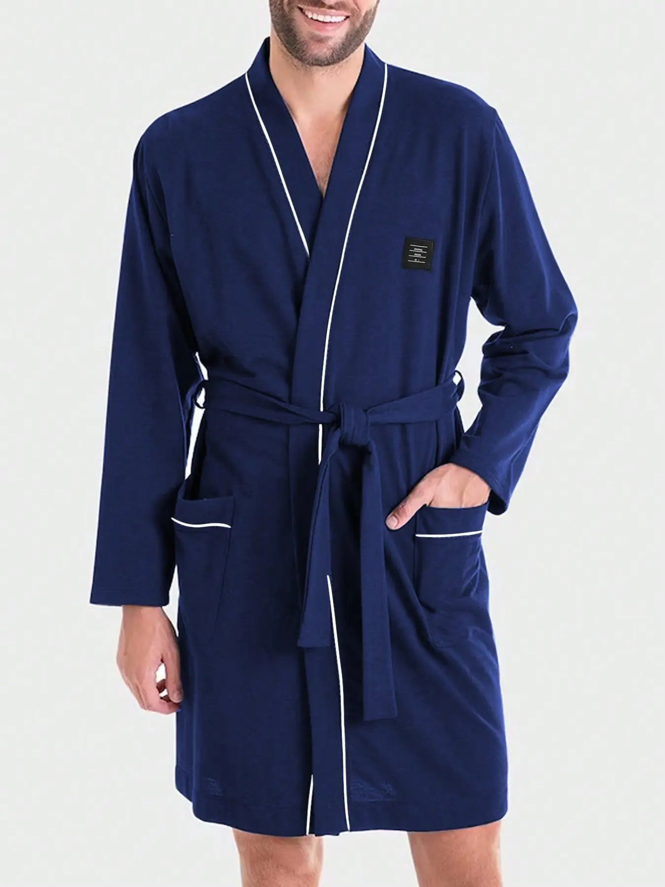 Men's Plain Long Sleeve Nightgown, Casual Fitted Robe with V-Neck and Tie Waist, Comfortable Home Bathrobe for All Seasons