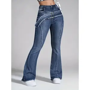 Ladies' Retro Washed Fringed Fake Waistband Design with Curved Edge And Slightly Flared Jeans