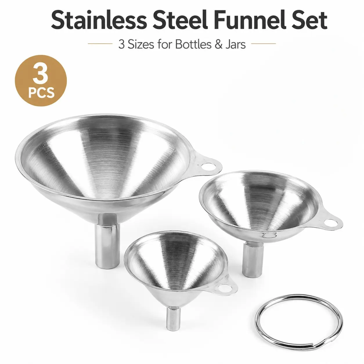 3pcs Stainless Steel Mini Funnel Set, Food Grade Metal Kitchen Funnels, Three Sizes, Portable with Hanging Ring, Ideal for Oils, Powders, Liquids