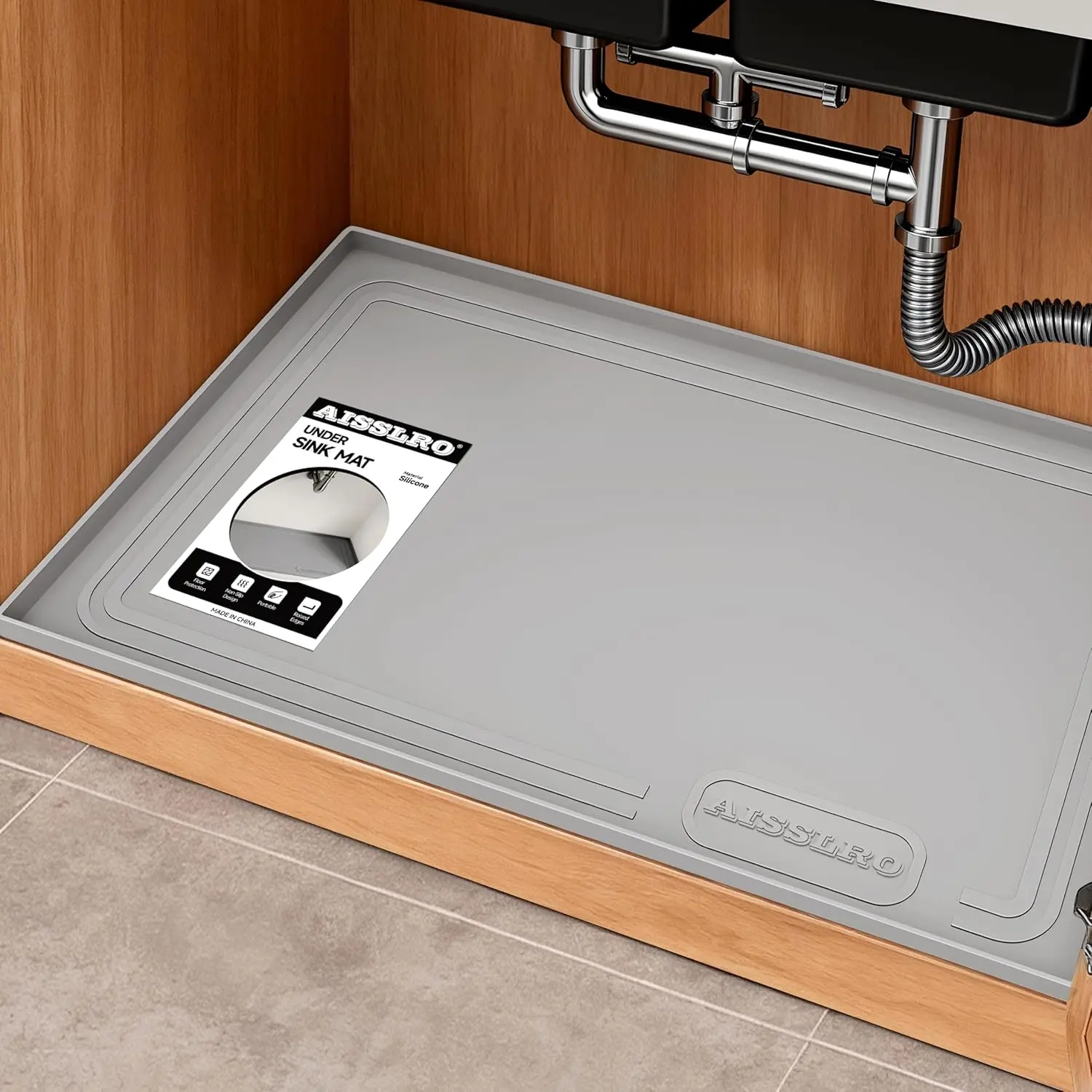 Sink Mat 22" X 19", Waterproof Cabinet Liner, Gray| BPA-Free Raised-Edge Cabinet Protector & Leak Tray for Cabinets, Boots, Pet Feeding Dog & Cat Mats, Dishwasher Safe