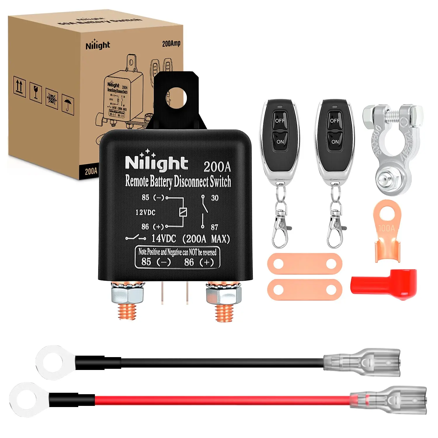 Nilight 12V 200A Car Battery Isolator - Wireless Remote Battery Disconnect Switch with 2 Remotes, 2 Flat Copper Sheets, Metal Clamp, Terminal Block, Corrosion-Resistant Anti-Theft Kill Switch for Auto, Truck