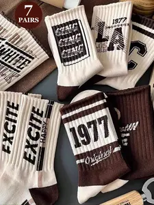 7 Pairs Coffee Color Casual Breathable Crew Socks, Unisex Street Style, Soft Comfort, All-Season Wear, Ideal for Daily Use